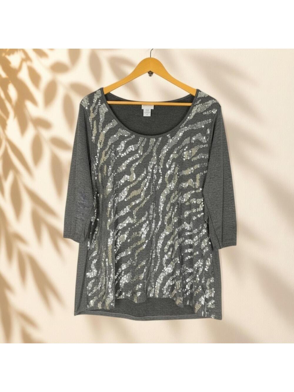 Jaclyn Smith Top Women 1X Plus Gray Striped Sequin 3/4 Sleeve Rayon Casual